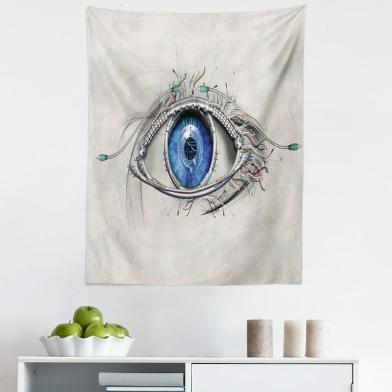 Eye Tapestry, Futuristic Style a Mechanic Sight in Direct Eye Contact Science and Engineering, Fabric Wall Hanging Decor for Bedroom Living Room Dorm, 5 Sizes, Beige Navy Blue, by Ambesonne
