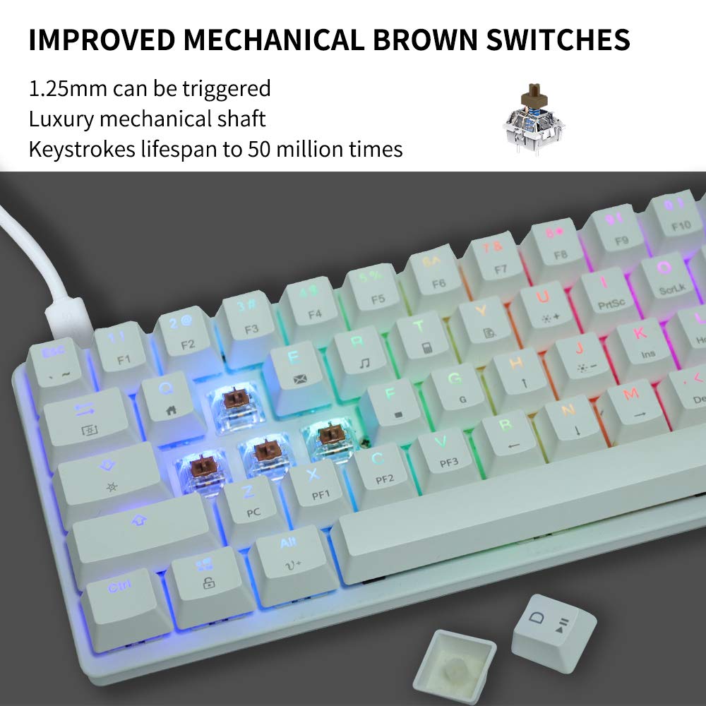 RNAB074W1QSV2 rottay rainbow backlit mechanical keyboard, white gaming  keyboard, wired computer keyboard with brown switch and aluminum pan