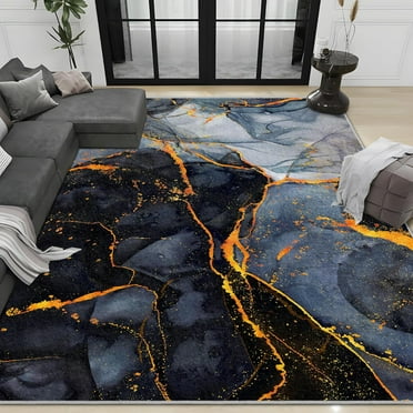 Black Gold Marble Area Rug Modern Abstract Floor Mats Grey Washable Rugs Mat Non-Slip Low-Pile Thick Soft Comfortable Floor Carpet Decorative for Home Living Room Bedroom Office 8x10（ft）
