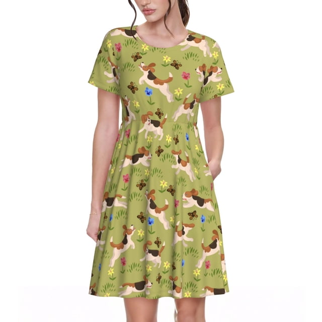 Disketp Running Beagle para Vestido de Manga Corta para Mujeres, Vestidos de Verano para Mujeres, Casual y Holgado para la Playa