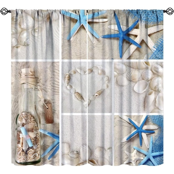 Beach Blackout Curtains Summer Blue Starfish Conch Seashell Art Printed for Kids Girls Boys Women Bedroom Living Room Bathroom Rod Pocket Decoration Window Drapes 2 Panels W21xL63in