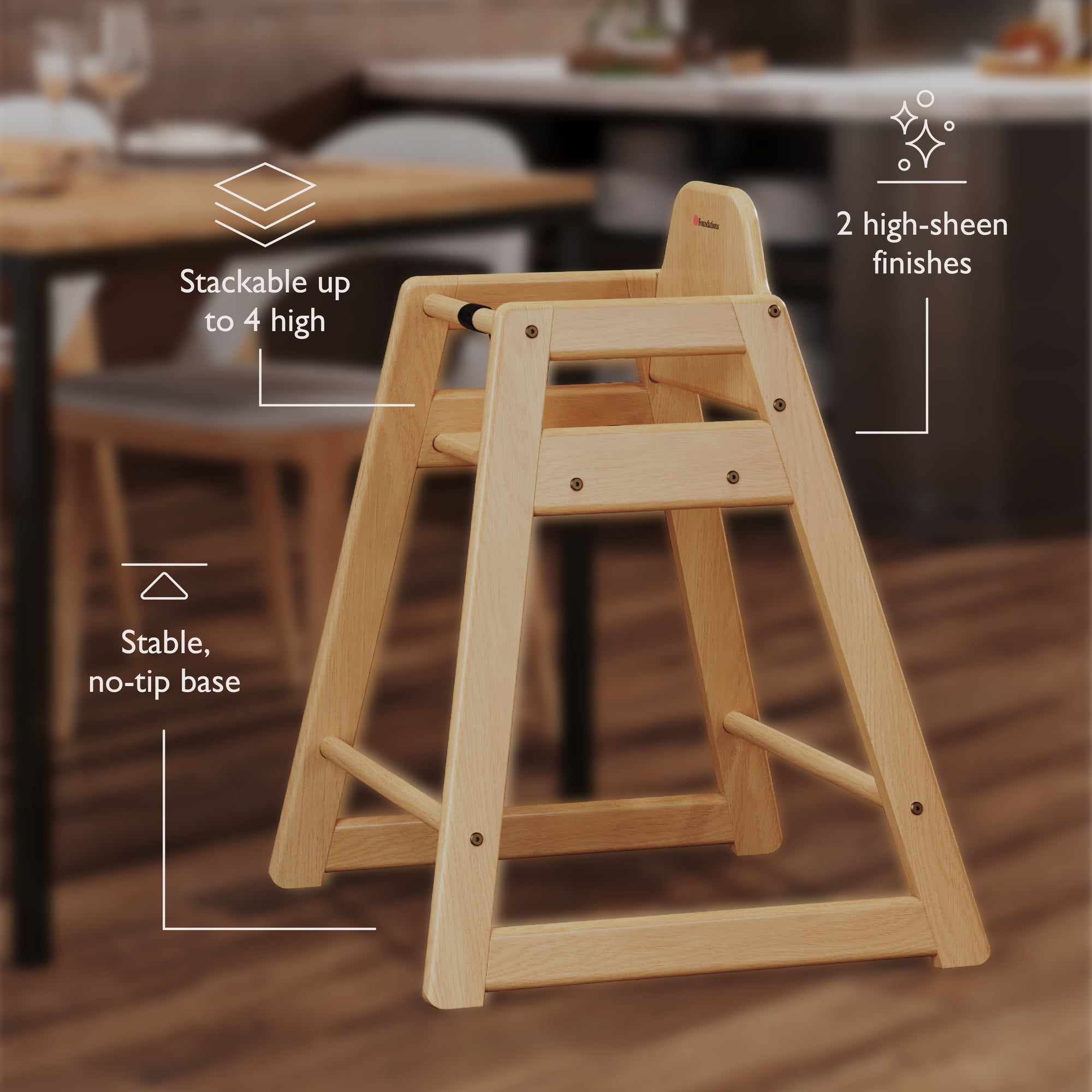 Foundations NeatSeat Wooden High Chair for Toddlers, Stackable, 3-Point Harness, Natural Finish