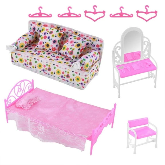 Pink Dollhouse Furniture Playset with Vanity Table, Bed ,Sofa & Hangers for Kids, Doll Bedroom Accessories Gift for Girls