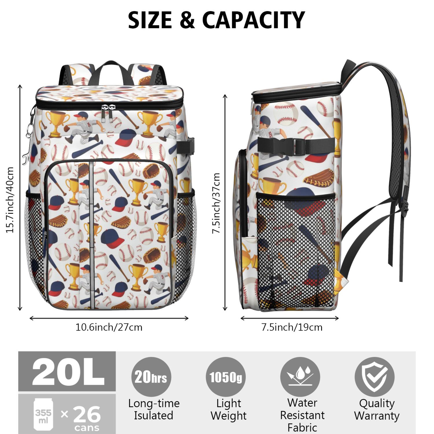 Travel Cooler Bag - Baseball Elements and Trophies Pattern Camping Beer Cooler Backpack with Bottle Opener- Waterproof Insulated Picnic Backpacks - Cooler Bag for Beach