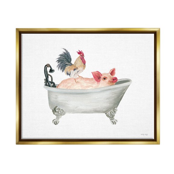 Stupell Industries Farmhouse Animals Tub Animals & Insects Painting Gold Floater Framed Canvas Art Print Wall Art, 31 x 25