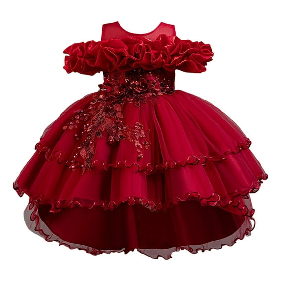 Zanarzt Girls Princess Dress Summer Girls Tutu Dress Ruffle Short Sleeve Fluffy Summer Party Tulle Dress for Kids Red,11-12 Years