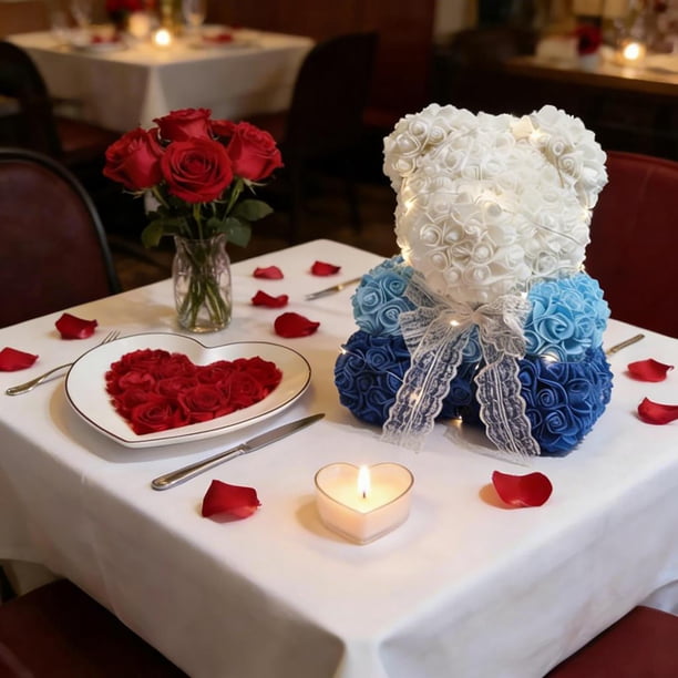 Oso de peluche artificial con rosas y luces | Ramo de flores con forma de oso de peluche | Regalo romántico decorativo para estante o mesa | Regalo de San Valentín