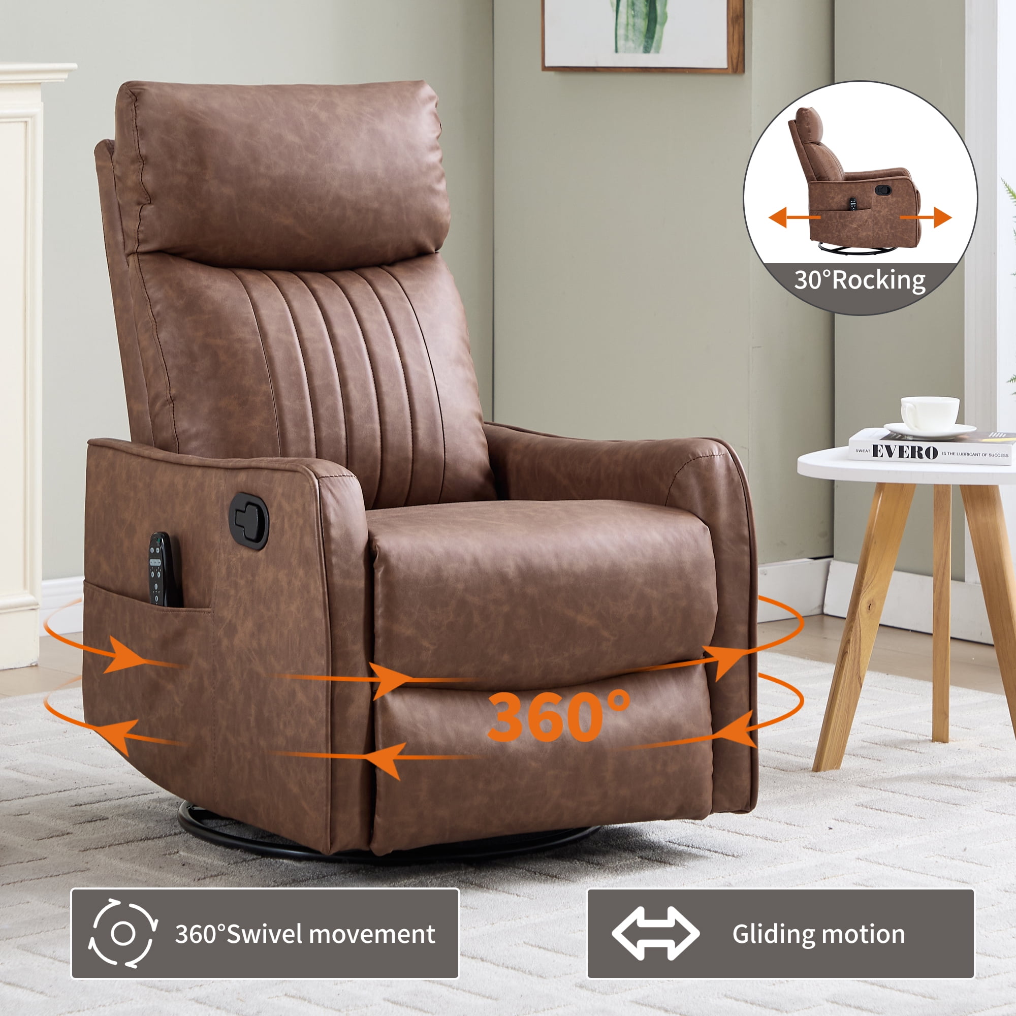 Aukfa Massage Recliner Chair with Heat, Faux Leather 360° Swivel Rocker Recliner, Overstuffed Manual Reclining Glider Chair with Vibration, Brown