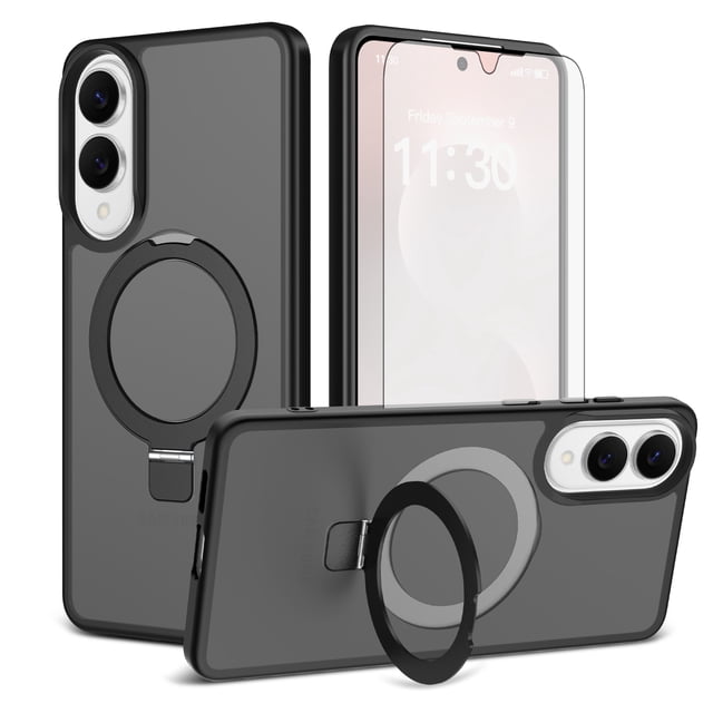 Asuwish Phone Case for Samsung Galaxy S25 Edge 5G Tempered Glass Screen Protector Magnetic Folding Stand Frosted Translucent Rugged Shockproof Protective Cell Cover S25Edge 6.66 2025 Women Men Black