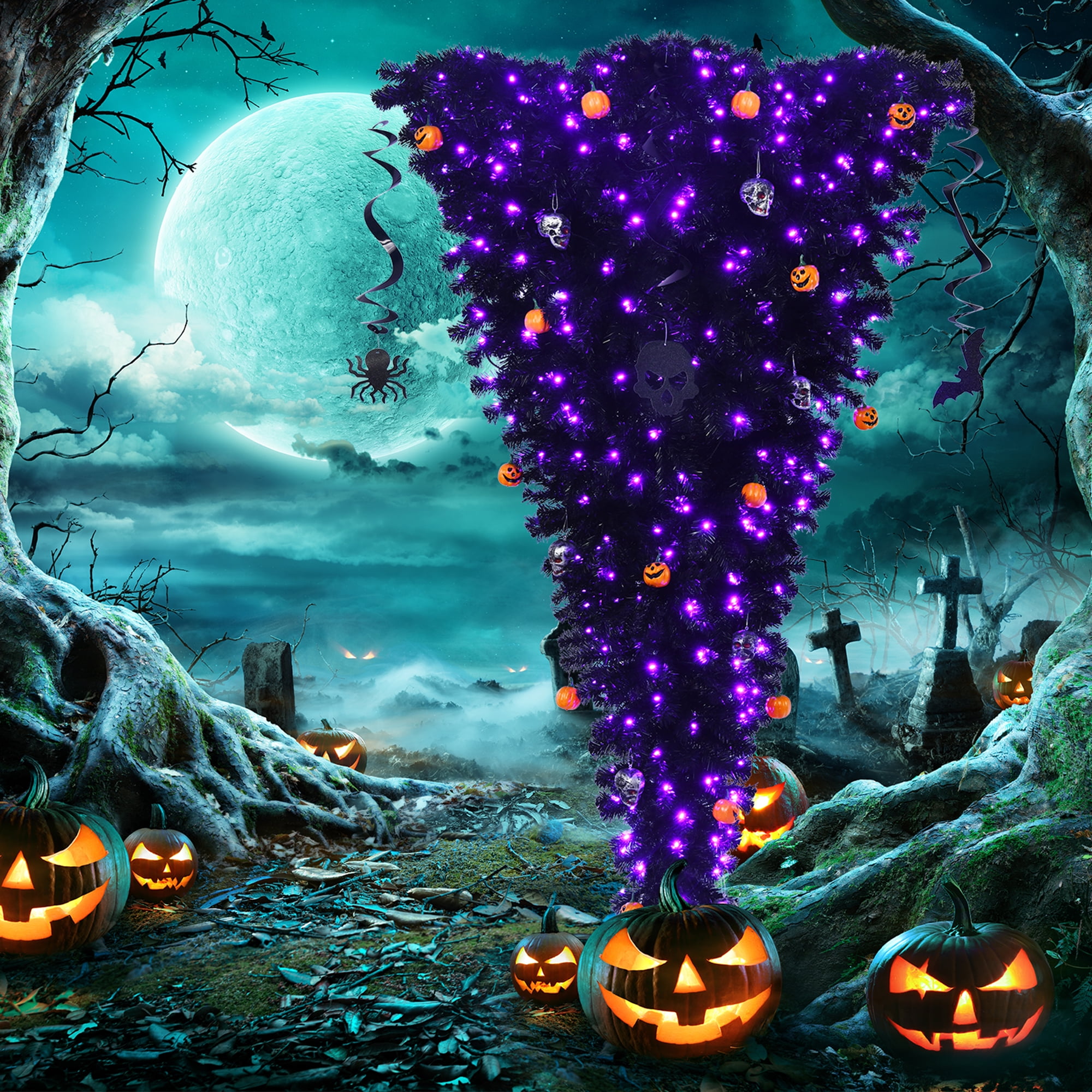 Buy Gymax 7FT Prelit Upside Down Black Halloween Tree Artificial