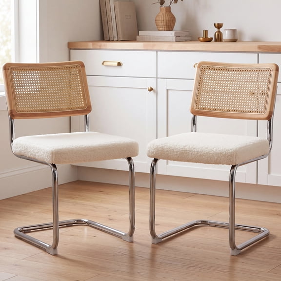 Melocadol Modern Rattan Dining Chairs, Set of 2, with Cane Back, Chrome Metal Frame with Textured Boucle Seat, Ergonomic Handwoven Rattan Design, Chairs for Home Restaurant or Cafe, White