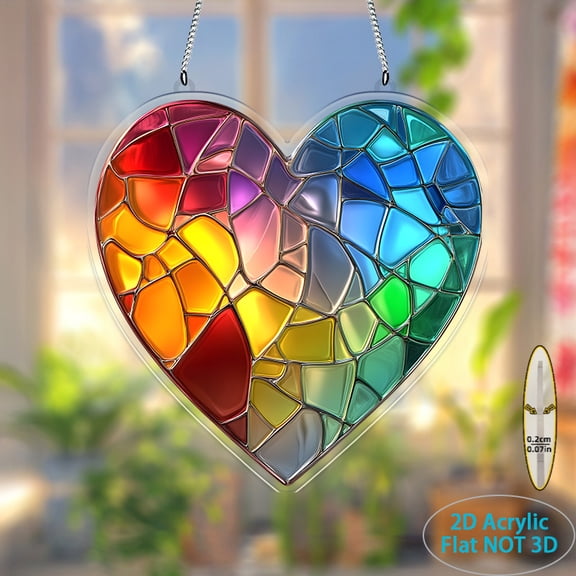 HELLOYOUNG 8x8 Inch Rainbow Heart Sun Catcher Stained Glass Style Acrylic Window Decoration, Colorful Reflective Hanging Ornament for Indoor Outdoor Wall Art, Anniversary Gift for Friends Family