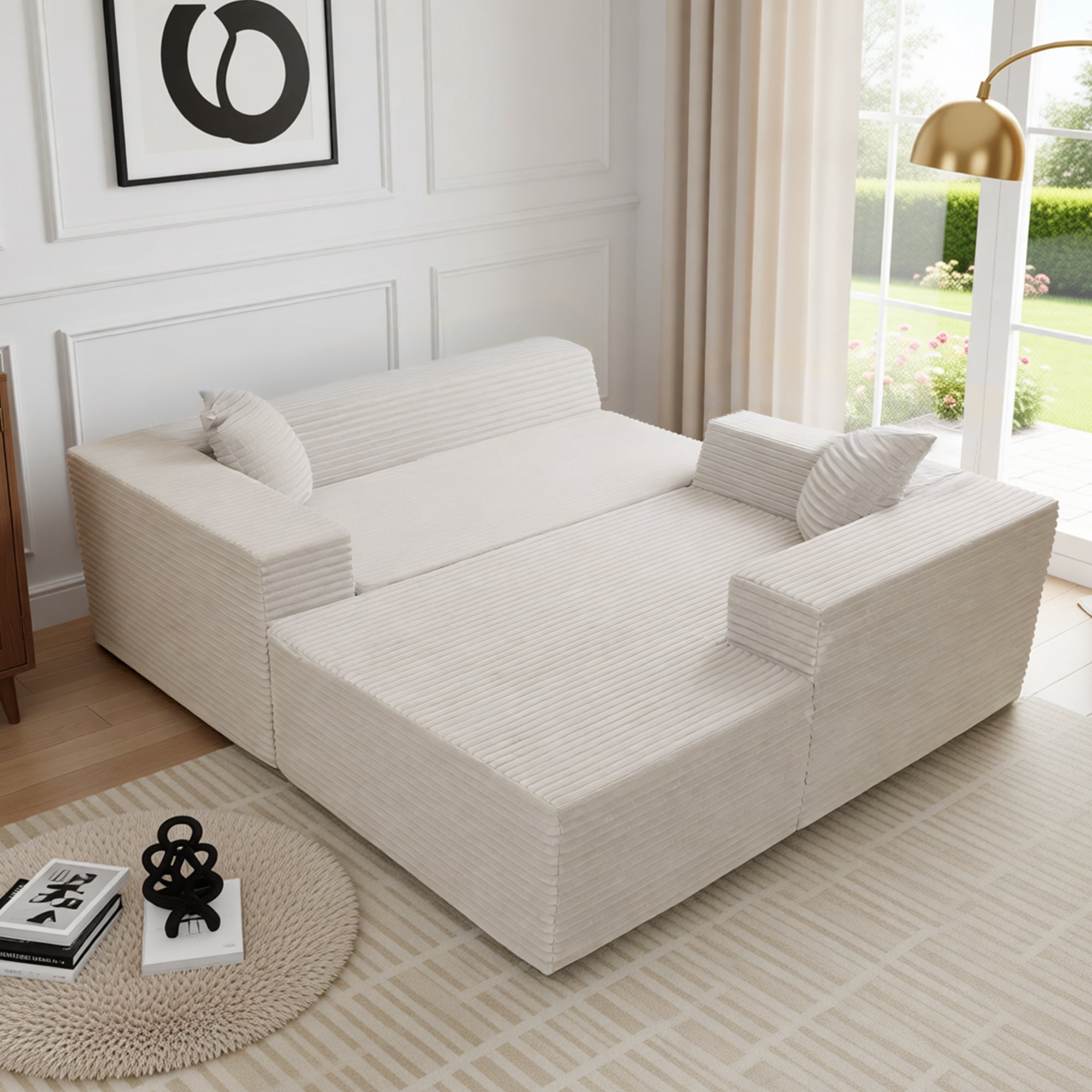 94" Boneless Sectional Sofa with Lounge, L-Shape Living Room Cloud Modular Convertible Sleeper Sofa, Corduroy Couch Deep Seat Sleeper Set,Bedroom Reversible Sofa W/Pillows,Beige,Right