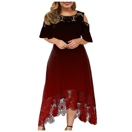 

Feltree Women s Fashion Round-Neck Plus Size Summer Dress Casual Printing Round-Neck Sexy Lace Short Sleeve Loose Pullover Dress Wine XXL