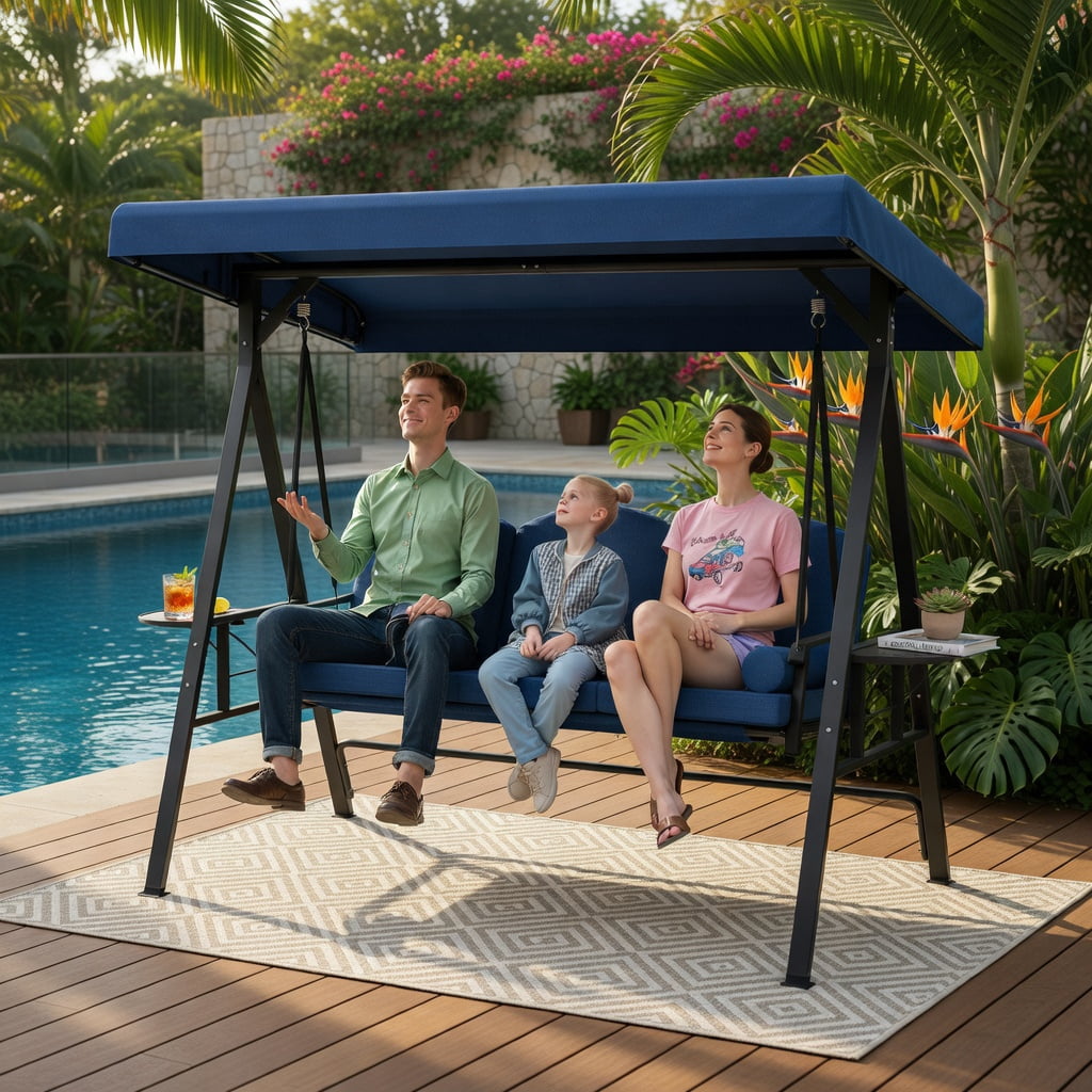 Hommoo 3-Person Outdoor Patio Swing Chair with Adjustable 60° Canopy, Thick Cushions, Foldable Side Trays & Heavy-Duty Steel Frame, Navy