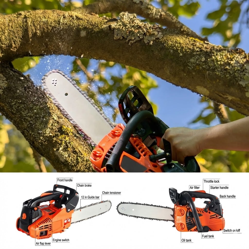 25.4CC 12" Gas Chainsaw, 1.2HP Gasoline Powered Handheld for Tree, Wood, Branch Cutting & Trimming, Land Clearing