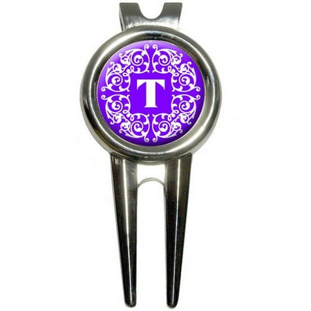 Letter T Initial Purple and White Scrolls Golf Divot Repair Tool and Ball