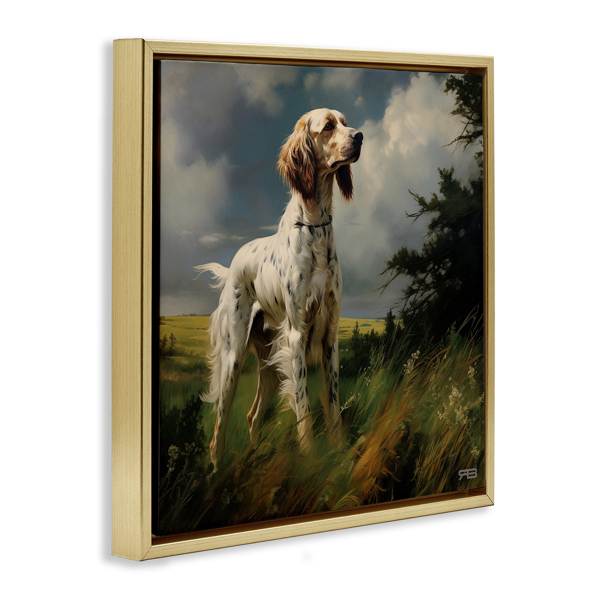 Stupell Industries Windswept Country Dog Landscape Painting Gold Floater Framed Canvas Art Print Wall Art, 18 x 18