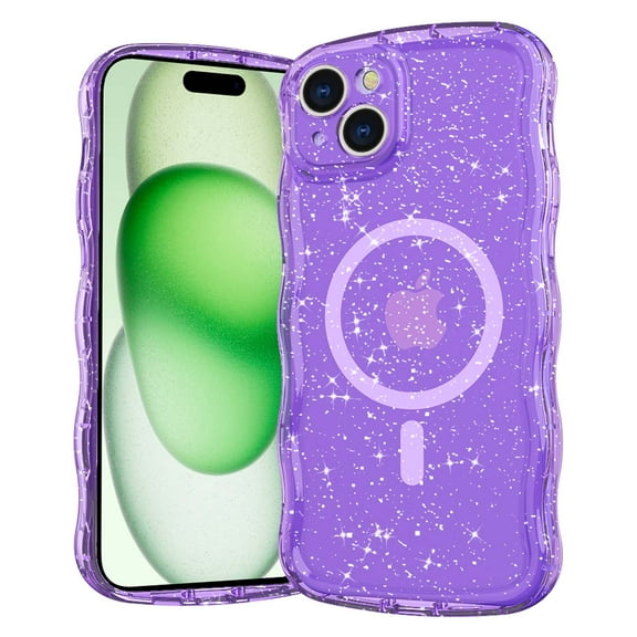 Magnetic For iPhone 16 Plus Phone Case,Compatible with Mag-Safe,Sparkly Bling Glitter Cute Curly Wave Transparent Cover for Women Girls,Shockproof Protective Slim Rugged Phone Case,Purple