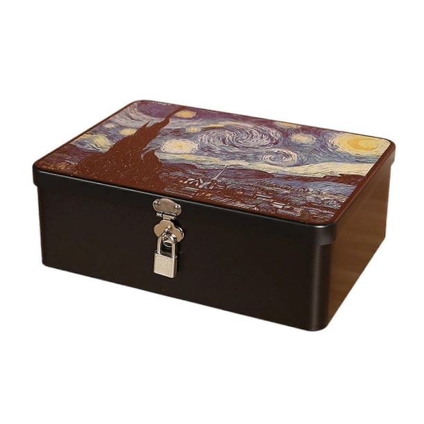 Antique Inspires Locking Tin Storage Box Metal Container For Valuables Keepsakes Office Home Organization Tool Sky Blue