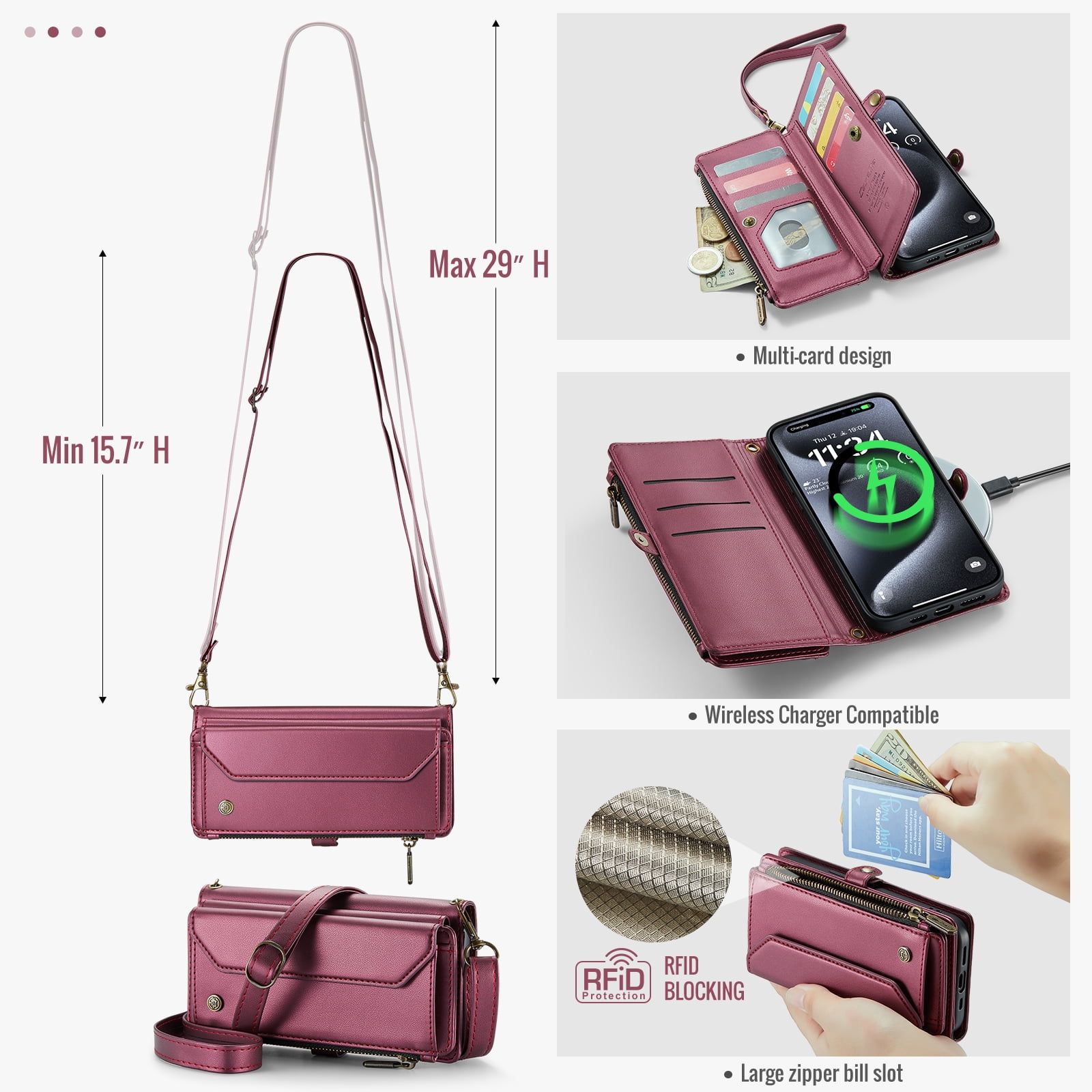 Dteck for iPhone 11 Pro Case with RFID Blocking Wallet Case for Women Men, Shockproof PU Leather Magnetic Flip Strap Zipper Card Holder Phone Case,Winered
