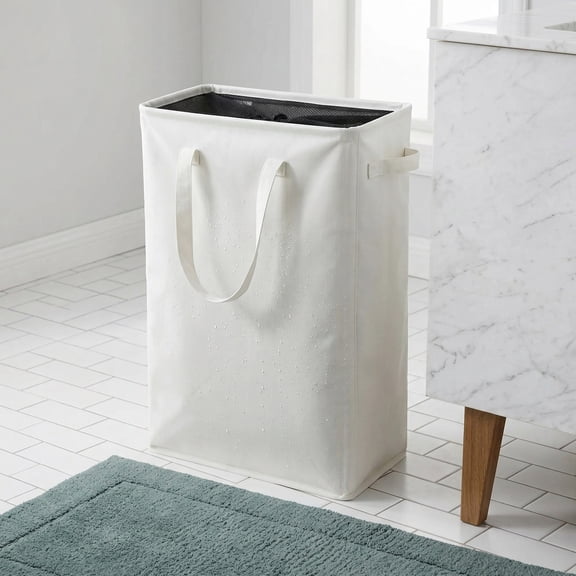 Slim Collapsible Laundry Hamper with Handles - Thin Narrow Foldable Dirty Clothes Basket, 45L Capacity, Space-Saving for Bedroom, Bathroom, or Closet (Beige)