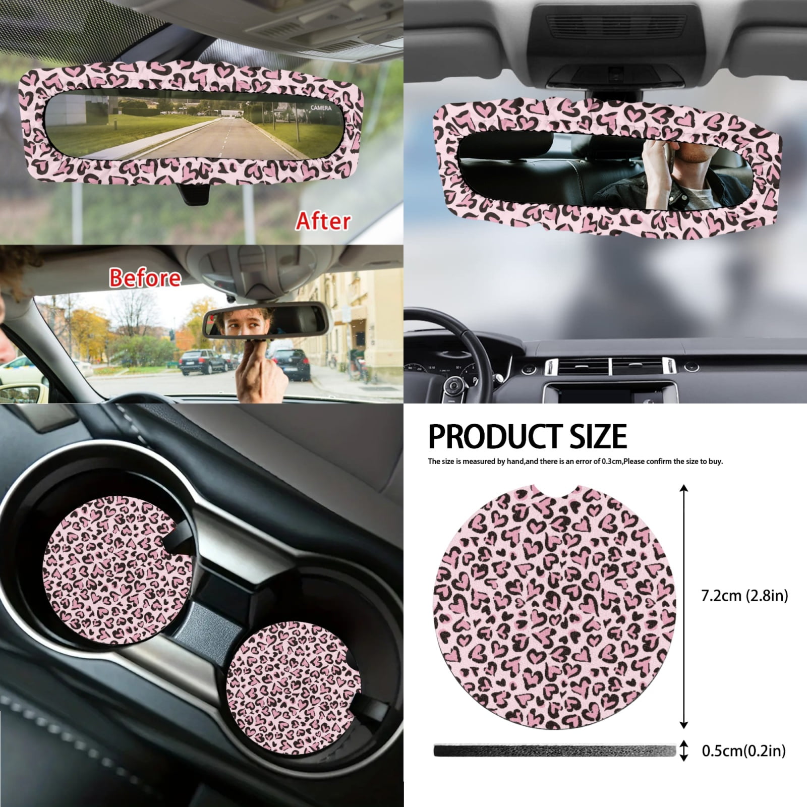 Yuyamidu Pink Heart Car Seat Cover Full Set with Steering Wheel Cover Seat Belt Pads Armrest Cover Handbrake Cover Set Trash Bag Auto Rear View Mirror Cover Cup Holders Fit for Most Vehicles