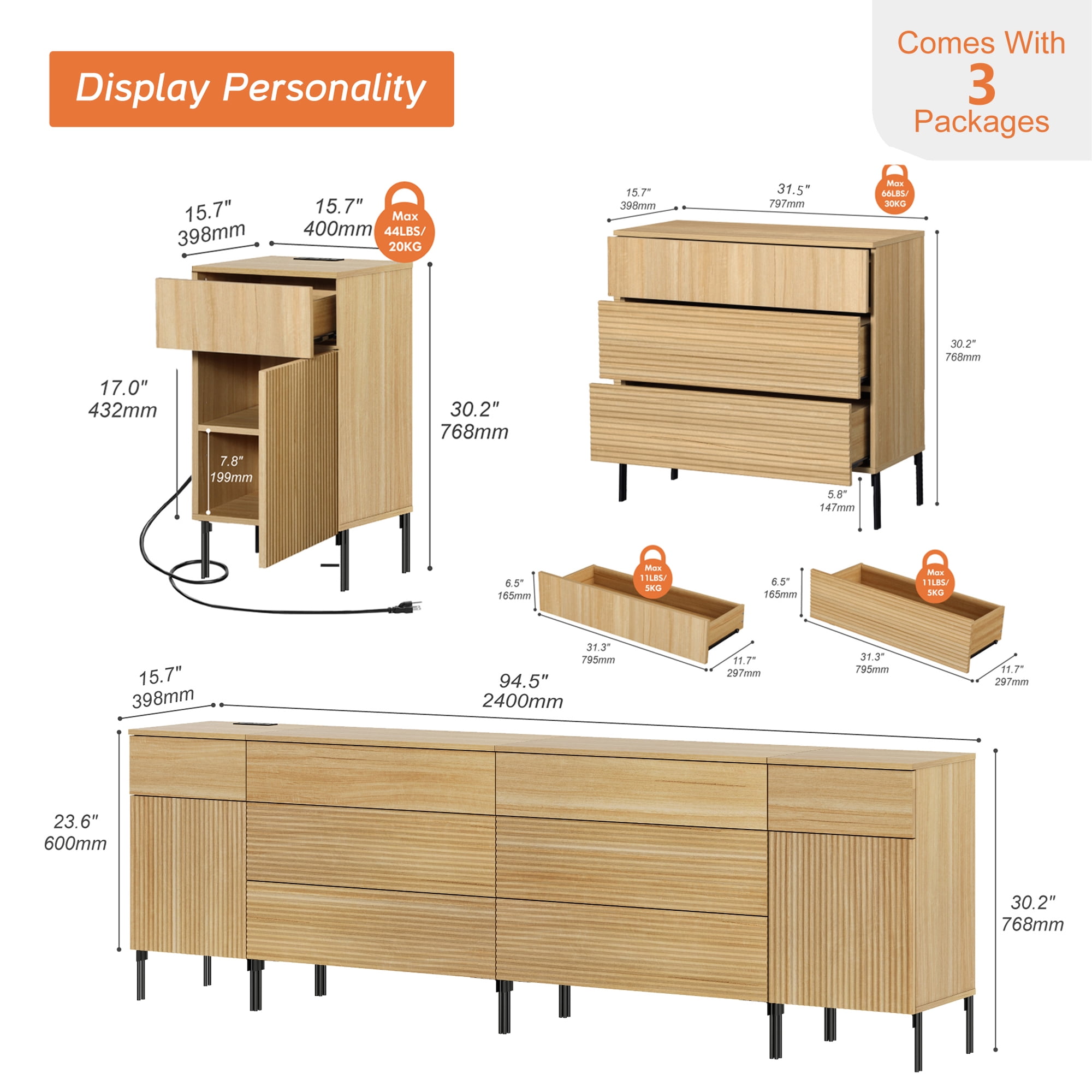 WAMPAT 94.5" 4-in-1 Fluted Dresser for Bedroom with Charging Station, Modern Wooden Chest of Drawers with Hidden Handles & 8 Drawers, Extra Long Dresser TV Stand Closet Storage Organizer, Oak