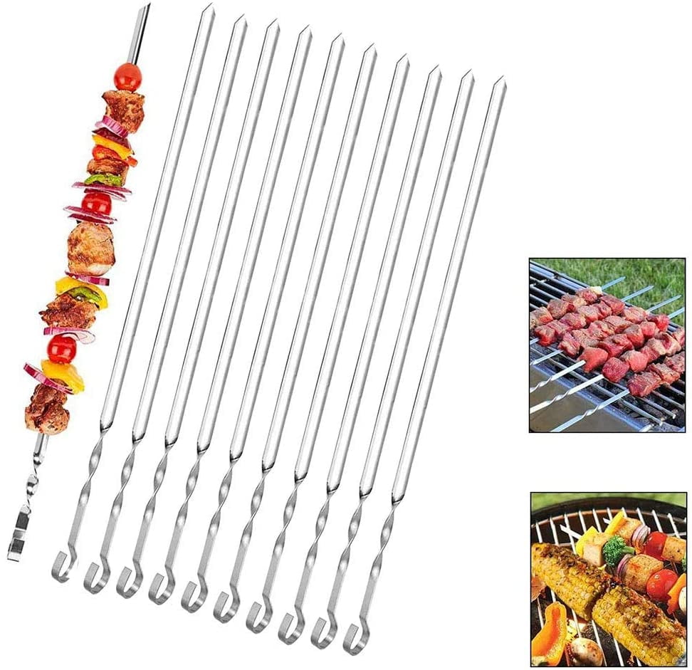 Stainless Steel BBQ Skewers Grill Flat Shish Kebab Sticks Grilling Set of 10 New 