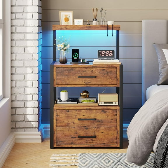 Nightstand with Charging Station and LED Lights, LED Night Stand with 2 USB Ports and 2 AC Outlets, Modern End Table with 3 Drawers, Bedside Table with Open Storage for Bedroom, Rustic Brown
