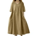 thumbnail image 4 of Efsteb Summer Dresses for Women V-Neck Cotton Linen Loose Dress with Pocket Short Sleeve Classic Solid Color Fashion Sundresses Loose Casual Comfy Spring Dress (Khaki,M), 4 of 4