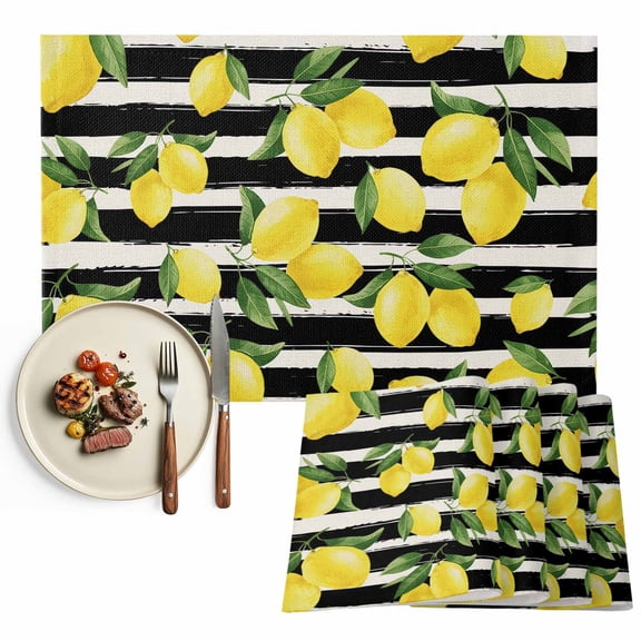 Placemats Set of 6, Yellow Lemon Place Mats Summer Fruit Black Striped Tablemats Washable Placemat Table Decoration for Kitchen Table Dinner Party Home Decor Indoor Outdoor 13x19 Inch