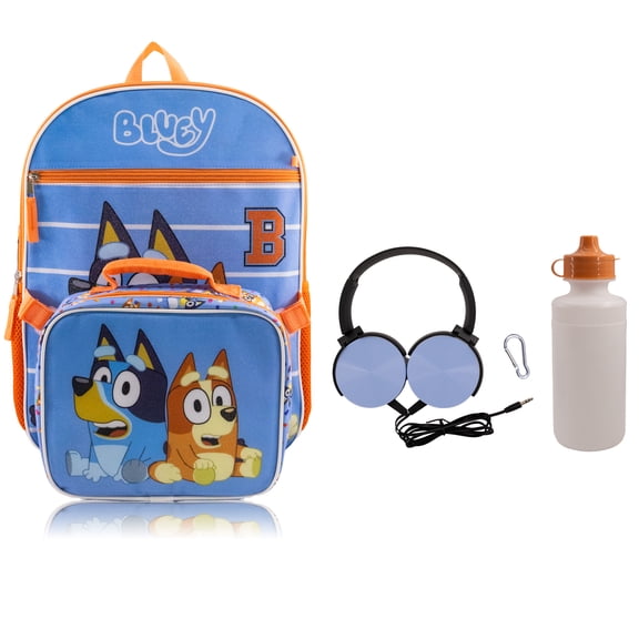 Fast Forward Bluey Backpack With Lunch Box for Kids | Insulated Lunch Bag Lunch Box for Boys, Girls, Toddlers | Backpack for School and Reusable Lunchbox with Matching Headphones and Water Bottle