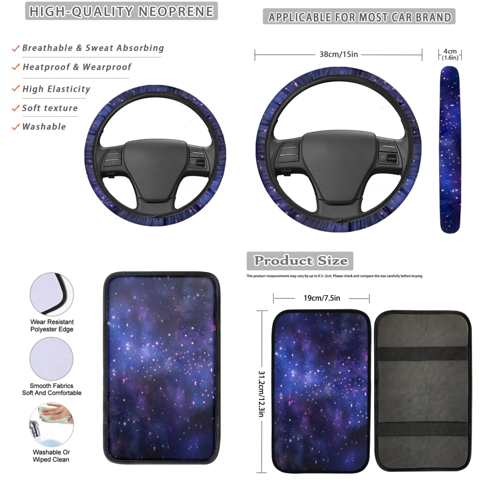 Yuyamidu 13 PCS Car Seat Covers and Steering Wheel Cover Galaxy Seatbelt Strap Pad Starry Sky Auto Armrest Cover Cushion Lip Balm Pouch Key Ring Cup Coasters
