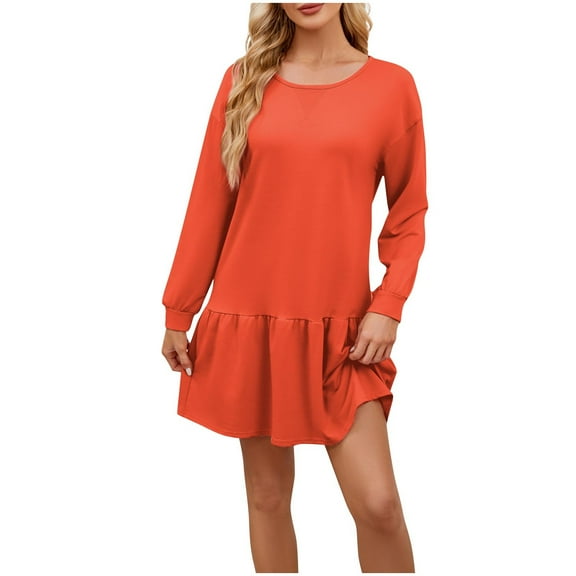 Ashirexll Midi Dresses for Women, Womens Long Sleeve Dresses, Ladies Fashion Solid Color Round Neck Back Pleated Dress Jumpsuit