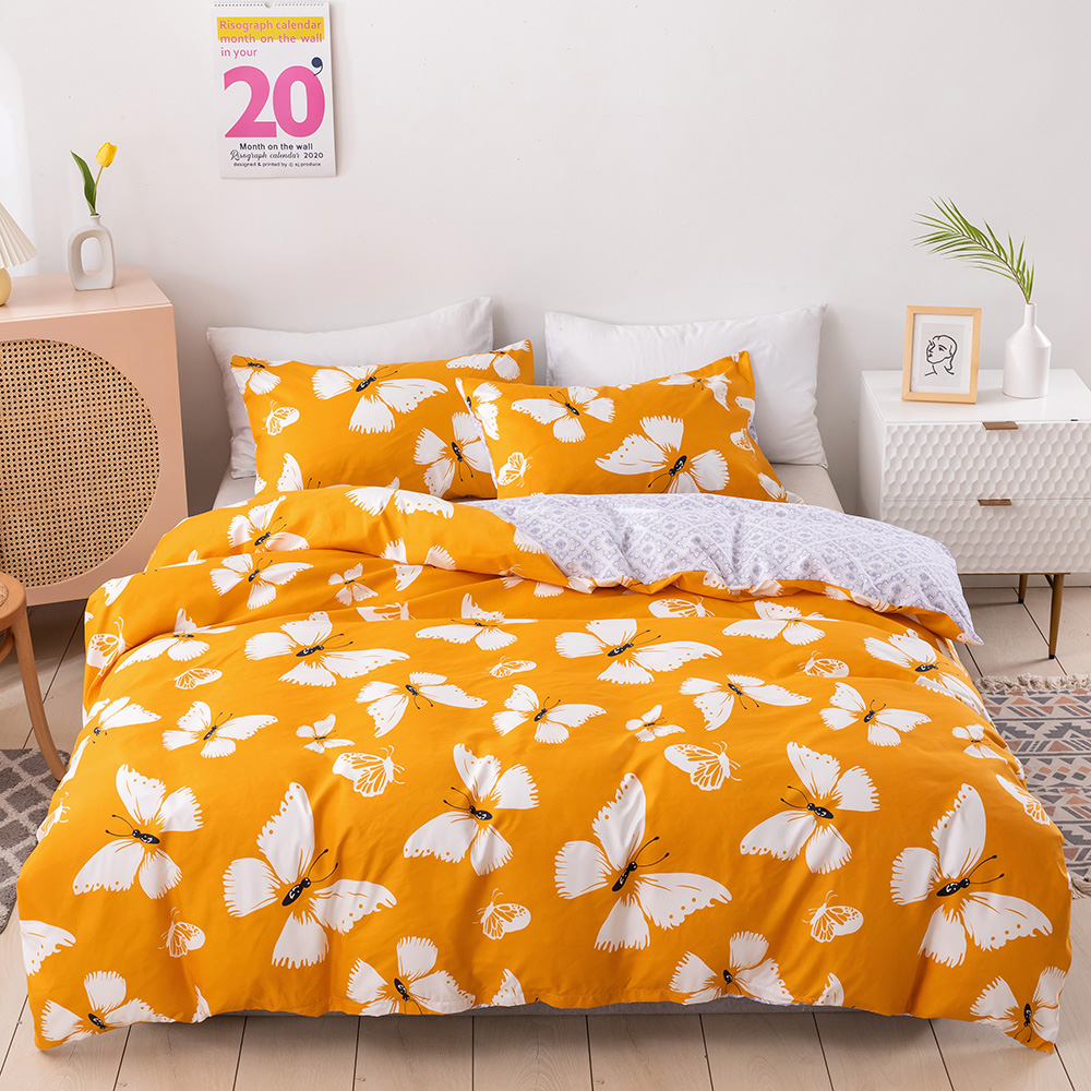 Butterfly King Size Duvet Cover Set Yellow and White Print Patterned