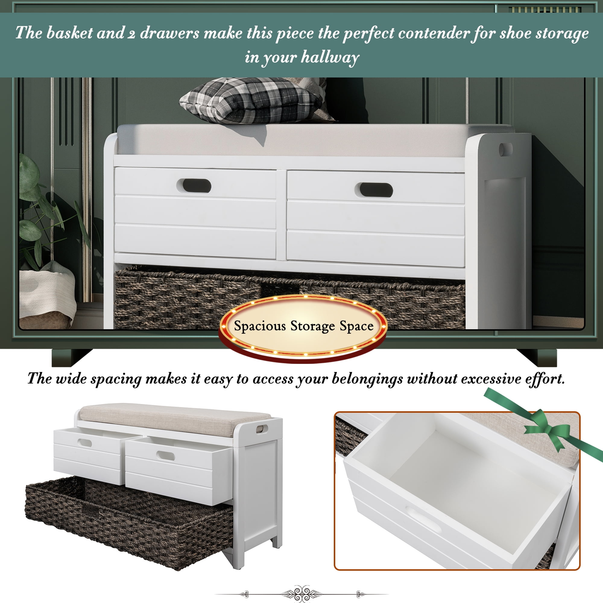 Aukfa Wood Storage Bench with Removable Basket and 2 Drawers for Entryway - White