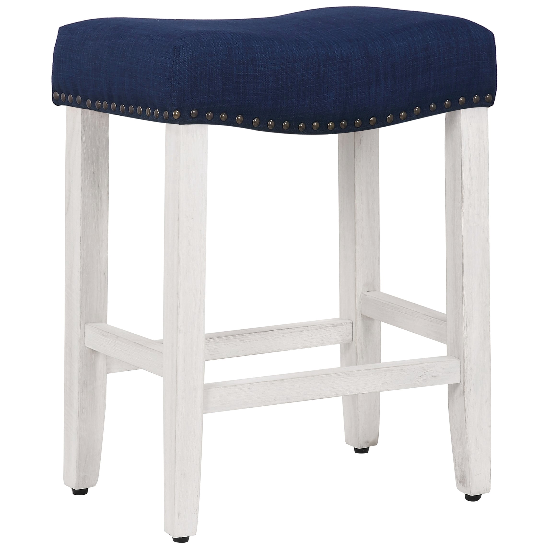 Polytrends Jameson Upholstered Polyester Antique White 24 Inch Counter Stool Antique White/Navy Blue Wood Wood Footrest Foam Modern & Contemporary