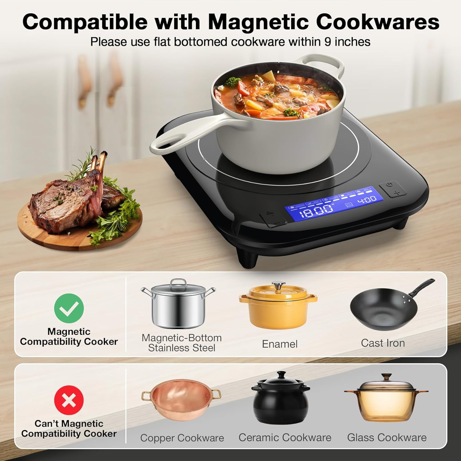 Single Induction Cooktop 1800W Electric with LCD Touch Control, 9 Temp Levels & Timer for Kitchen Dorm RV
