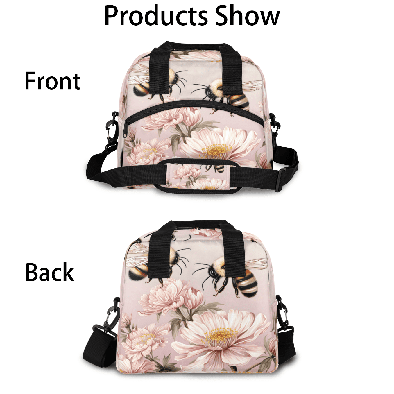 Herdesigns Bee and Flower Insulated Lunch Bag for Women Men Adults Large Reusable Lunch Box Bee Theme Leakproof Cooler Tote Bags with Adjustable Shoulder Strap