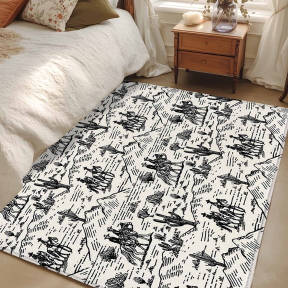 Area Rug for Living Room, Western Cowboys Non-Slip Indoor Large Carpet for Bedroom/Dining Room, Vintage Desert Canyon Cactus Horseshoe Washable Low-Profile Rectangle Floor Mat Runner Rugs - 3 x 5 Ft