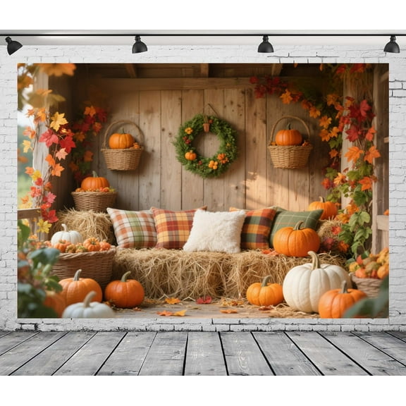 Fall Thanksgiving Backdrop Rustic Wood Board Autumn Wreath Haystack Background Indoor Props for Baby Birthday Thanksgiving Decorations Banner