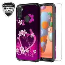 For Samsung Galaxy A21 Case with Tempered Glass Screen Protector for Girls Women, Dual Layer Heavy Duty Protective Phone Cover Cases for Galaxy A21