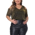 thumbnail image 2 of DARING DIVA Women's Plus Glitter Sequin Cold Shoulder Blouse 1X Gold, 2 of 6