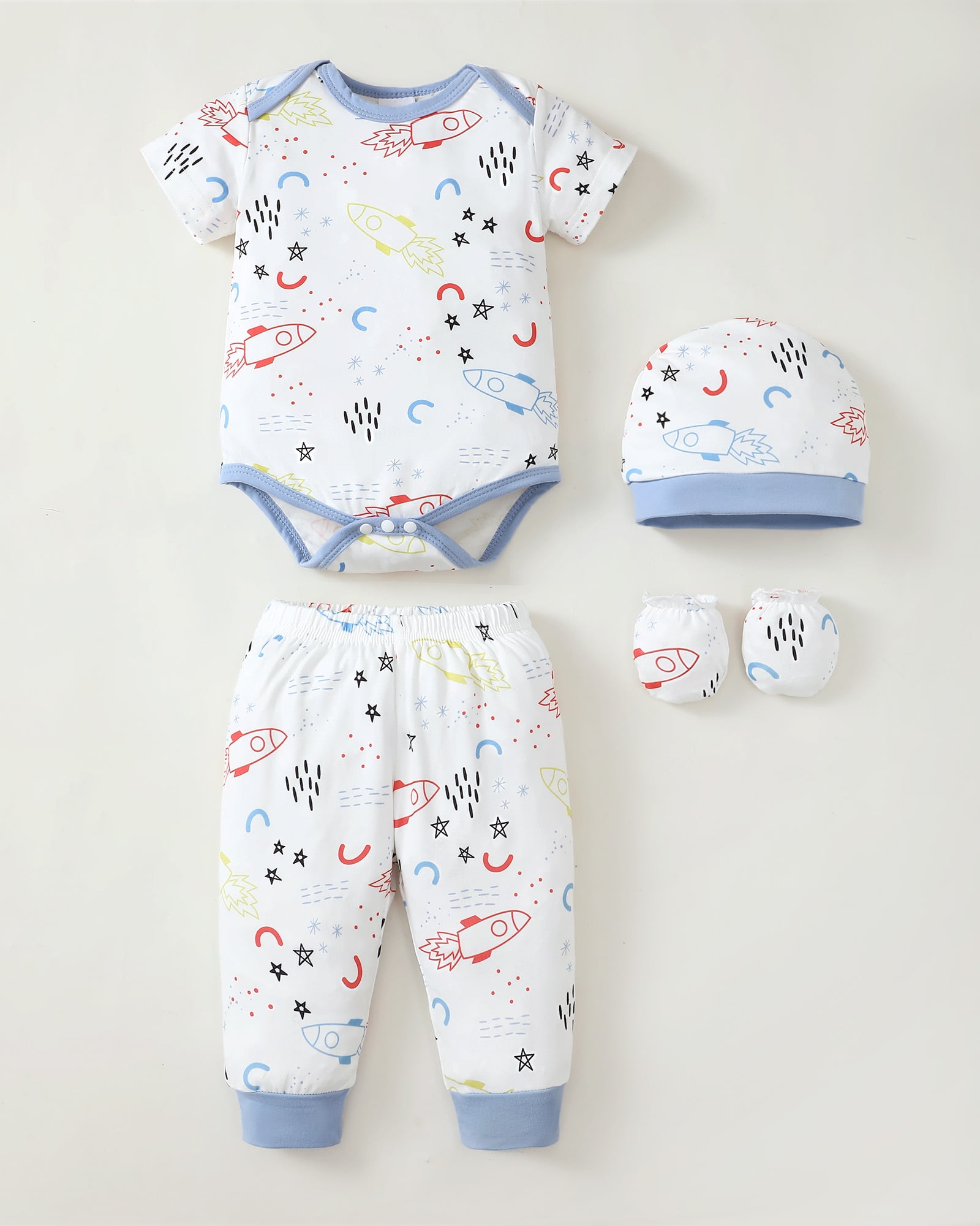 KIMI BEAR Newborn Baby Boys Outfits Sets 4 Packs 0-3 Months Summer Clothes Sets Short Sleeves Romper Top Elastic Pants with Hats and Gloves 16pcs Layette Essentials Blue
