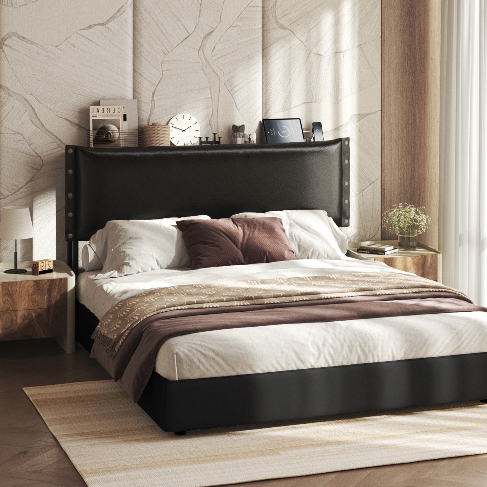 Patbrela Headboard Queen Size, Luxury Oil-Waxed Leather Upholstered Headboard with Adjustable Height Headboard from 42.1" to 46.1", Black