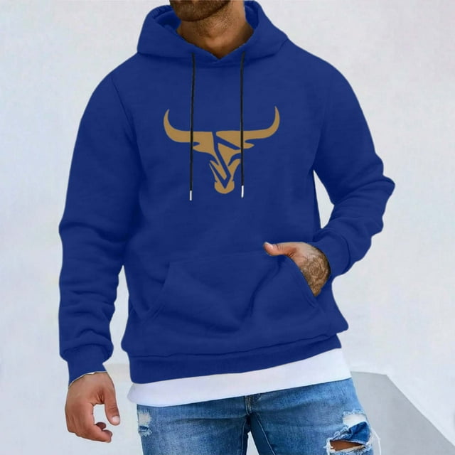 MHFRRA Sudadera con Capucha y Cordón con Estampado de Cabeza de Toro para Hombre, Estilo Informal, Cómoda, para Uso Diario Azul