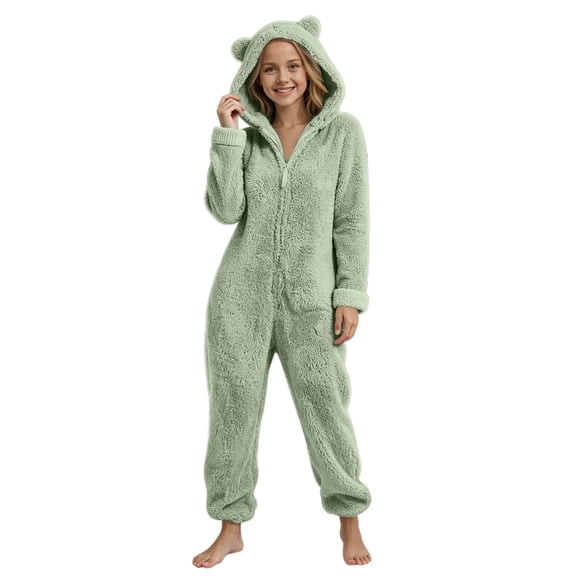 OGLCCG Girls Fleece Zip Up Jumpsuits Kids Hooded Rompers Long Sleeve Soft Fuzzy Onesie Warm Cute Winter Clothes(Mint Green,7-8 Years)