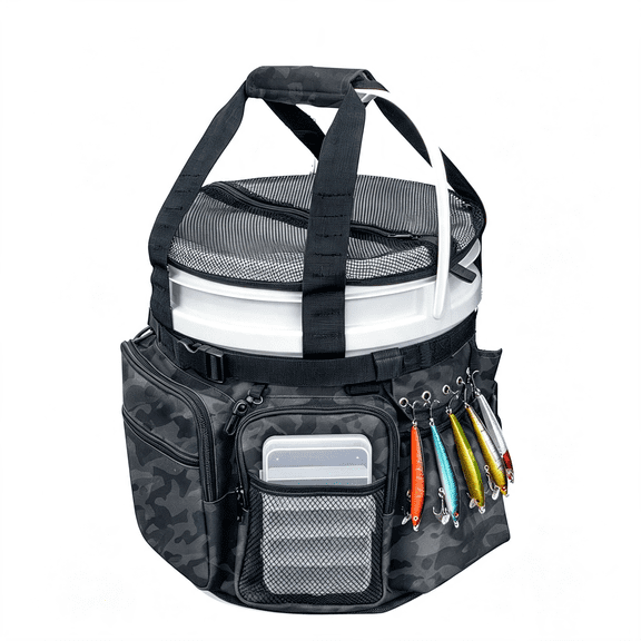 MISSMILE Fishing Bucket Organizer with Bucket Cover Fishing Tackle Bag with Rod & Plier Holder, Multi-Pockets for 5 Gallon Bucket Fishing Gear & Accessories Father Gifts