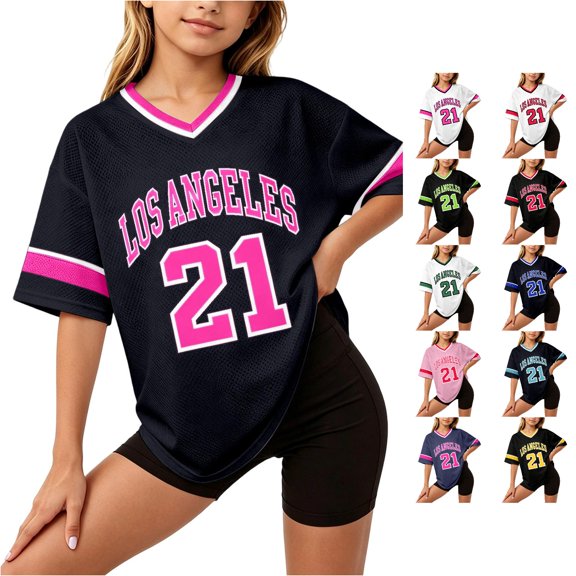 ZHOGXU Toddler Kids Girls T Shirt Soccer Graphic Print Short Sleeve V Neck Loose Fit Breathable Comfortable Tee Top For Outdoor Activities,Black3,15-16 Years